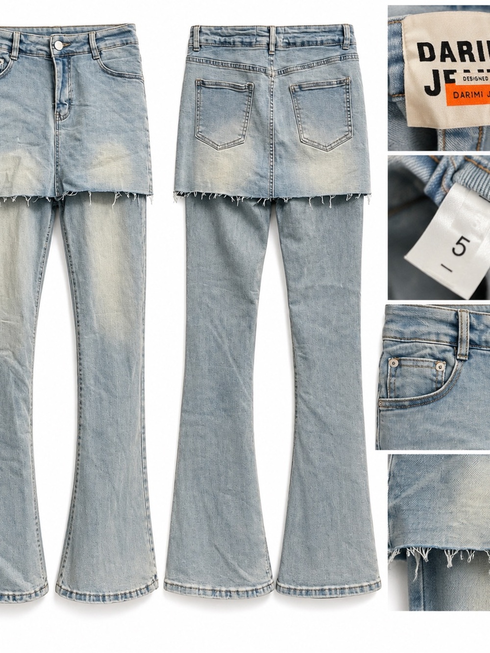 Light Blue Flared Jeans with Skirt Overlay